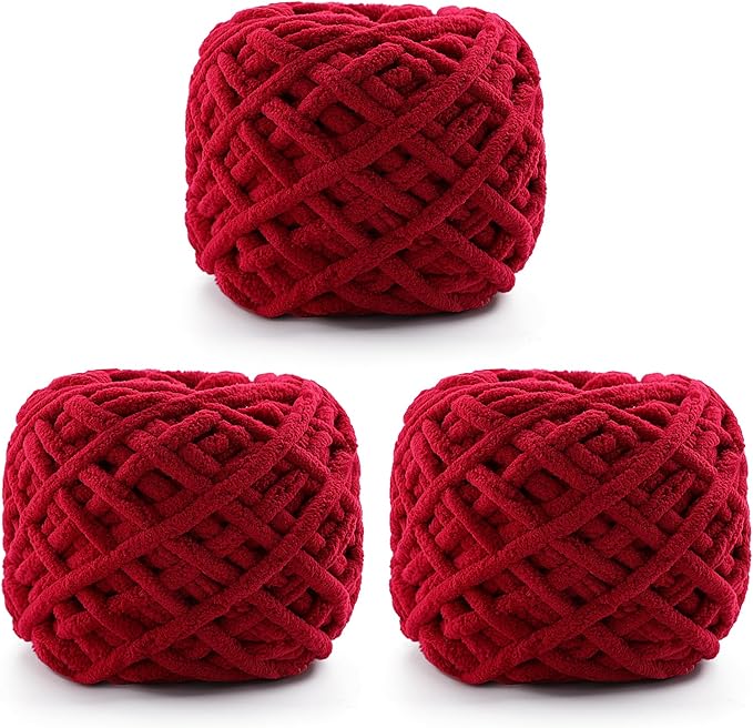 3 Pack Chunky Chenille Yarn for Crocheting, Fluffy Baby Blanket Yarn for Crochet Sweater Shawl Scarf Gloves, Super Soft Amigurumi Plush Yarn 222 yds/10.5 Oz (Jujube Red)