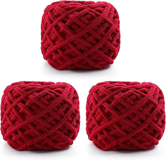 3 Pack Chunky Chenille Yarn for Crocheting, Fluffy Baby Blanket Yarn for Crochet Sweater Shawl Scarf Gloves, Super Soft Amigurumi Plush Yarn 222 yds/10.5 Oz (Jujube Red)