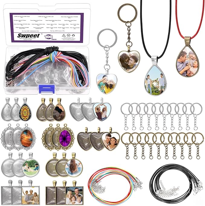 Swpeet 100Pcs 5 Shape Round/Teardrop/Heart/Oval/Square Pendant Trays Kit for Jewelry Making, Bezel Pendant Trays, Clear Glass Cabochons Tiles, Key Ring with Chain and Waxed Necklace Cord for Crafts