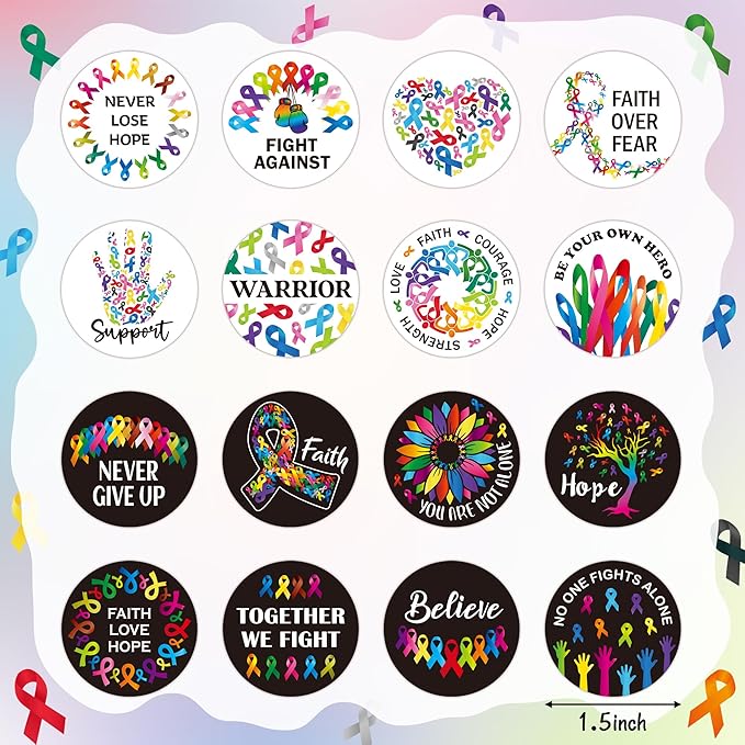 beyumi cancer awareness roll stickers - 1000pcs cancer awareness stickers in 2 rolls waterproof vinyl colorful ribbon round decals laptop bottle notebook luggage gift oncology nurse women decor