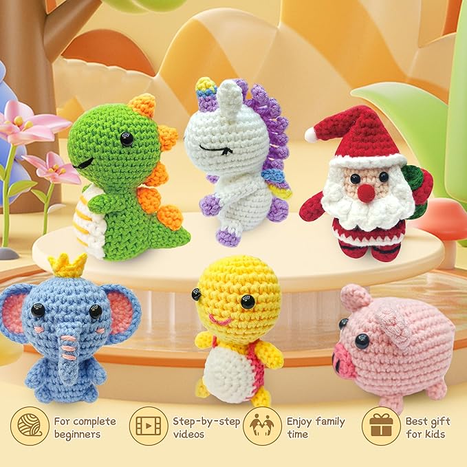 Christmas Gifts Crochet Kit for Beginners – 6PCS DIY Animal Crochet Starter Kit with Step-by-Step Tutorials, Amigurumi Knitting Kit for Kids Ages 8-12 & Adults, Yarn Craft Kit for Holiday Handmade