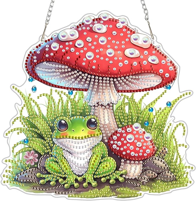 NEWENMO Diamond Art Hanging Kit for Adult, Cute Frog, DIY Double Sided Acrylic Special Shaped Diamond Art Painting Window Pendant Cartoon Frog with Mushroom, Home Garden Wall Hanging Ornament Kits