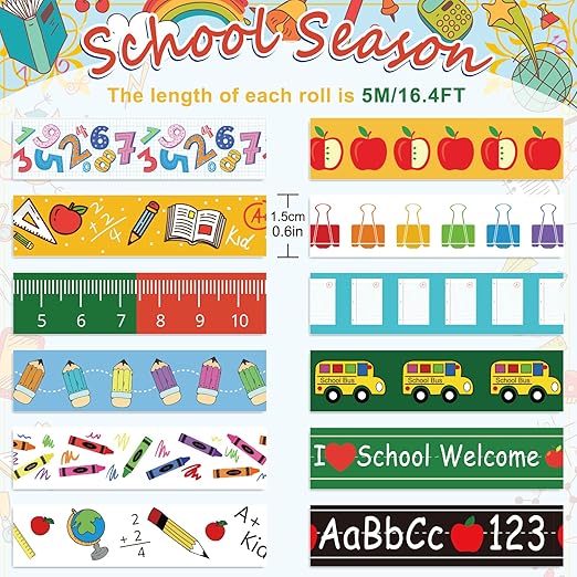 Whaline 12 Rolls Back to School Washi Tape Colorful Welcome Back to School Washi Masking Tape School Bus Ruler Crayon Decorative Paper Stickers for Scrapbook Gift Wrapping DIY Art Crafts