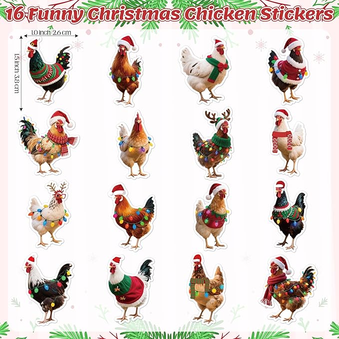 h1vojoxo christmas chicken sticker rolls - 1000pcs christmas chicken stickers in 2 rolls 16 designs funny xmas chickens realistic label tag seal sticker for kids craft envelopes xmas party supplies