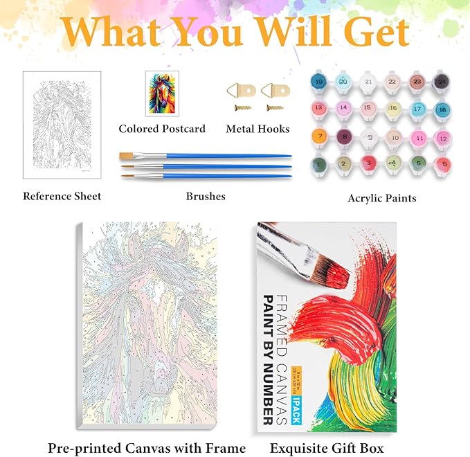 Okarina Framed Paint by Numbers Kit for Adults Beginner Horse, Adult Paint by Number Kits on Canvas Framed Animal, DIY Acrylic Oil Painting by Numbers with Frame, Perfect for Home Decor 8 X 12 Inch