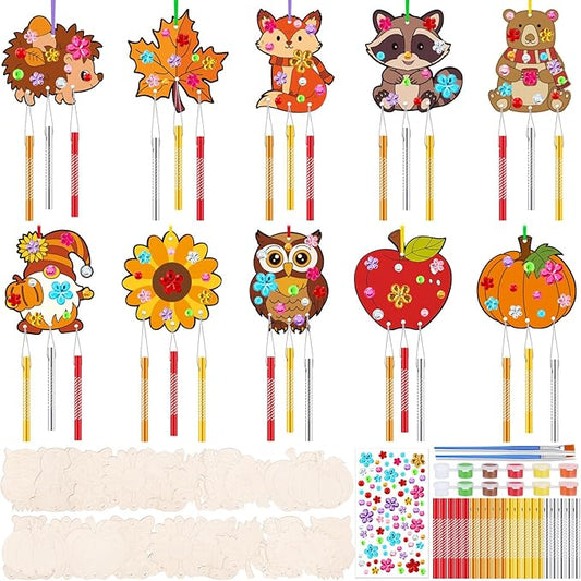 JellyArch 30 Pack Thanksgiving Wind Chime Making Kit for Adults Fall Pumpkin Leaf Animal DIY Wooden Crafts for Halloween Activity Birthday Party Decoration Gift