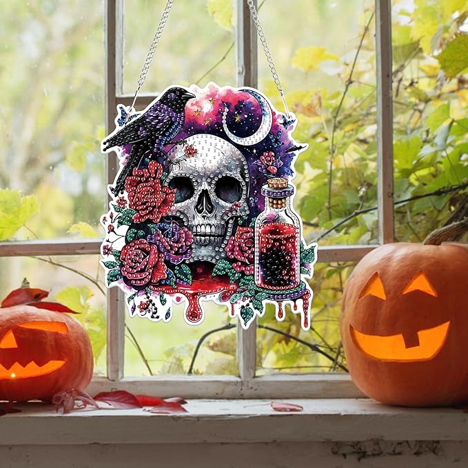 Bowetile Halloween Diamond Art Hanging Kits for Adults, Gothic Skull Diamond Art Suncatchers, 5D Special Shape Diamond Painting Pendant Window Ornament Gifts for Home Garden Door Wall Decor