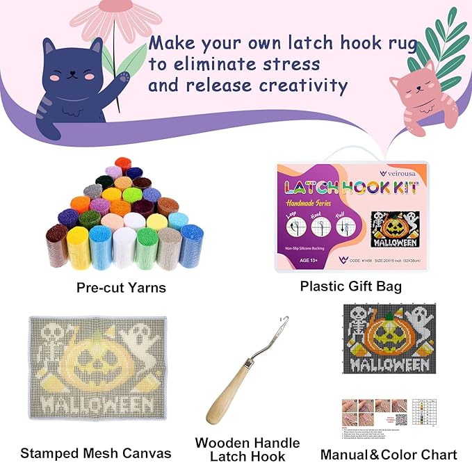 veirousa Halloween Pumpkin Gohst Latch Hook Kits for Adults Kids Beginners Skull DIY Latch Hook Rug Kit Pre-Printed Hook and Latch Carpet Making Kits Cross-Stitch Wall Hanging Crochet Set 20x15 Inch