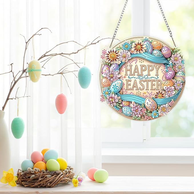 Easter Diamond Art Hanging Ornaments Kits for Adults, Diamond Painting Pendant Kits, DIY Acrylic 5D Special Shaped Crystal Gem Art Painting Ornament for Home Wall Easter Decor Gift 8x8 Inch