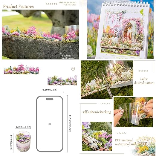 Floral PET Tape Stickers for Journaling Supplies, 6 Rolls Flower Cluster Themed Decorative Scrapbook Stickers for Journaling, Junk Journal Supplies, Planer (Flower Cluster)
