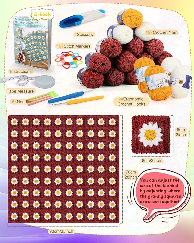 Coopay Crochet Kit Beginners for Blanket, Granny Squares Crochet Blanket Kit with Instructions & Enough Yarn, Complete Crocheting Starter Set Easy Learn to Knitting Blanket for Adults (Roman Red)