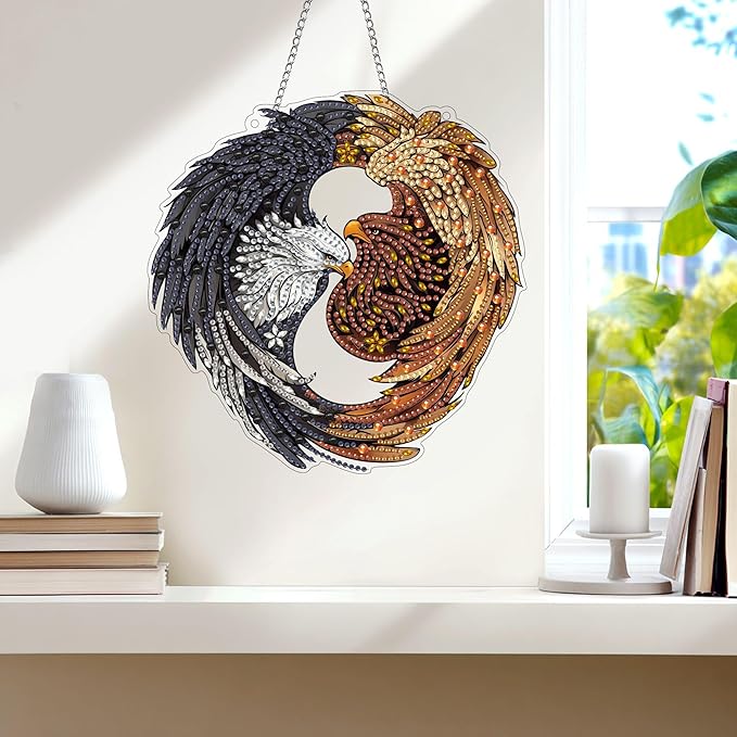 Wergund 5D DIY Eagle Diamond Art Hanging Kits, Hanging Diamond Art Bird, Acrylic Special Shaped Rhinestone, Window Hanging Pendants for Home Wall Garden Front Door Outdoor Decor Gift(Eagle)