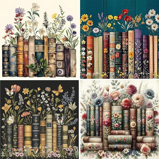 EIBEILI 4 Pack Book Flower Diamond Art Kits for Adults, Book 5D Diamond Painting Kits for Beginner DIY Gem Art Full Drill Diamond Dots Crystal Craft Kits for Home Wall Decor Gifts 12x12inch