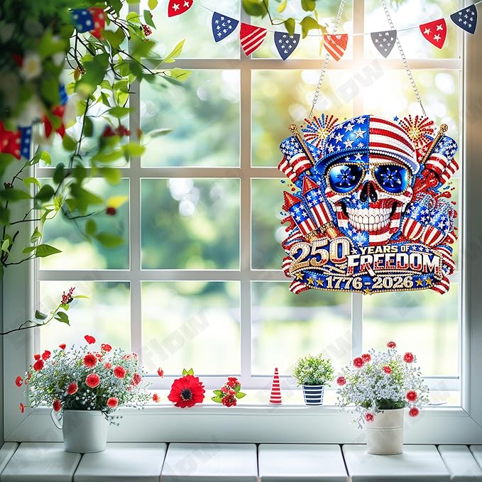 Eiflow 250th Anniversary Acrylic Diamond Art Hanging Kit for Adults, DIY Diamonds Painting Door Hanger Board Kit, Special Crystal Diamond Art Painting Pendant Ornament (4th of July)