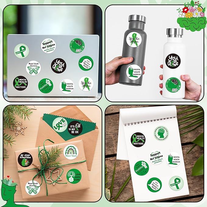 beyumi mental health awareness stickers - 1000pcs mental health awareness round sticker in 2 rolls green ribbon decal school event fundraiser campaign laptop bottle gift envelope decor for kids teens