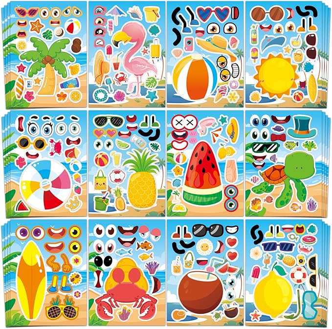 aowplc 48 sheets summer fun make-a-face sticker set for kids – create your own faces with beach, tropical & animal stickers – ideal summer crafts, party favors & creative activities