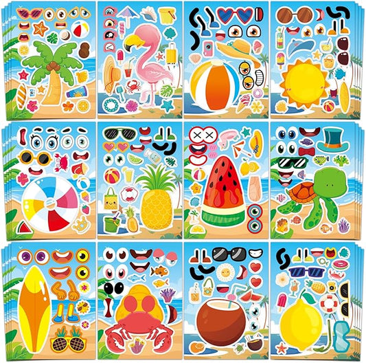aowplc 48 sheets summer fun make-a-face sticker set for kids – create your own faces with beach, tropical & animal stickers – ideal summer crafts, party favors & creative activities
