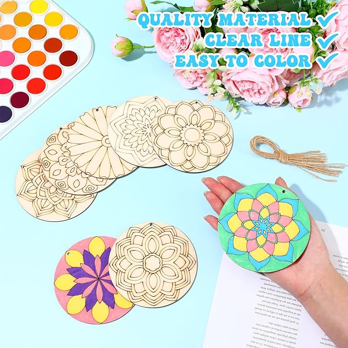 Blosssound 40 Pcs Unfinished Wood Mandala to Paint Wooden Mandala Painting Crafts Diwali Art Slices for Adult to Relax Painting DIY Crafts Ornament Wedding Home Decorations, 4 Inch(Stylish)