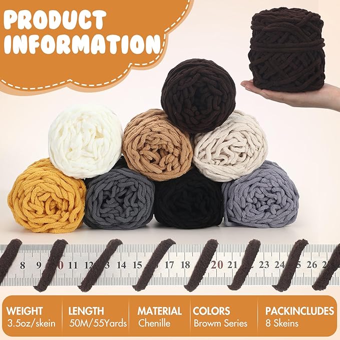 Buryeah 8 Pack Chunky Chenille Yarn for Crocheting Soft Thick Fluffy Yarn for Hand Knitting Bulky Velvet Blanket Plush for Weaving DIY Crafts Each 3.5 oz 55 Yards (Brown Series)