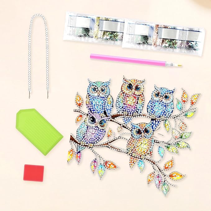 Lxmsja DIY Colorful Owls Diamond Painting Hanging Ornament, Double-Sided Acrylic Tree Branch Diamond Art Kit, Special Shaped Suncatcher Hanging Pendant Window Art Kit 7x8 inch