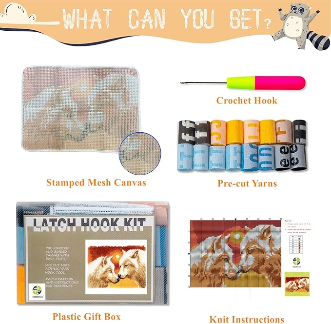 Latch Hook Kits for Adults - DIY Latch Hook Rug Kits, Crochet Kit for Beginners, Rug Making Kits with Printed Canvas, Gift Packaging.(White Wolf King, 20x15)