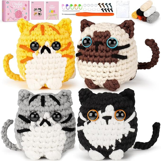 Crochet Kit for Beginners, 4-Pack Adorable Cat Crochet Kits, Beginner Crochet Kit for Adults Kid, Crochet Animal Kit for Starter w/ Step-by-Step Video Tutorials, Crochet Gifts for Cat Lovers