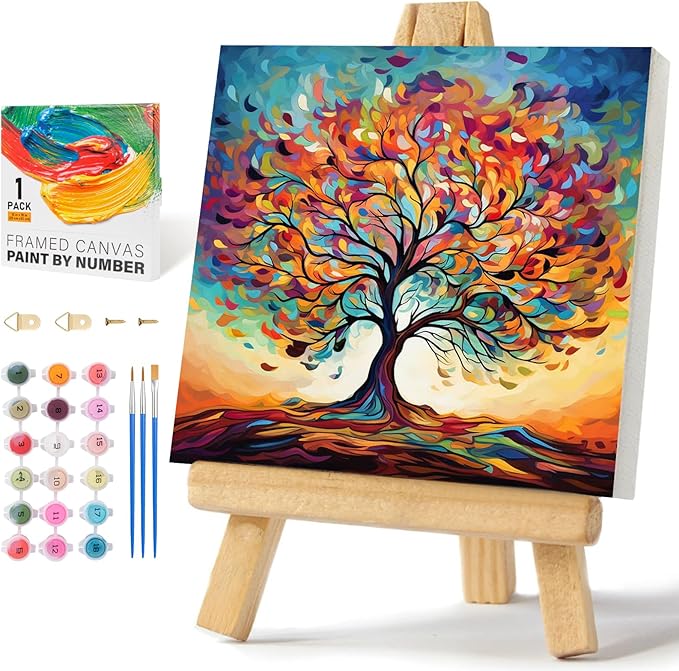 Framed Paint by Numbers Kit for Adults Beginners & Kids Ages 8-12, Tree of Life Acrylic Easy Paint by Number with Frame, Watercolor Paint by Number Kits on Canvas Framed (10 * 10 Inch, Without Easel)
