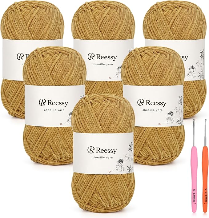 Skinny Chenille Yarn for Crocheting - 6 Pack of 50g/1.76oz - Soft Thin Chenille Yarn - Baby Weights CYC #2, Gentle for Baby Blankets, Plush Toys & Wearables - 951yd Total (Camel Beige)