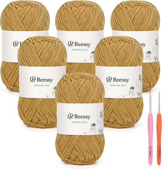 Skinny Chenille Yarn for Crocheting - 6 Pack of 50g/1.76oz - Soft Thin Chenille Yarn - Baby Weights CYC #2, Gentle for Baby Blankets, Plush Toys & Wearables - 951yd Total (Camel Beige)