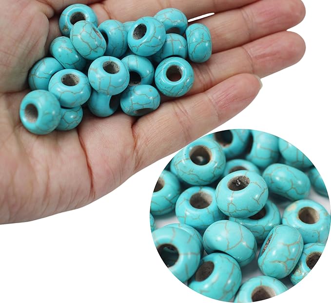PAMIR TONG Turquoise Large Hole Beads for Jewelry Making - 100pcs 14mm European Gemstone Howlite Rondelle Spacer Big Craft Beads for Pens, Bracelets
