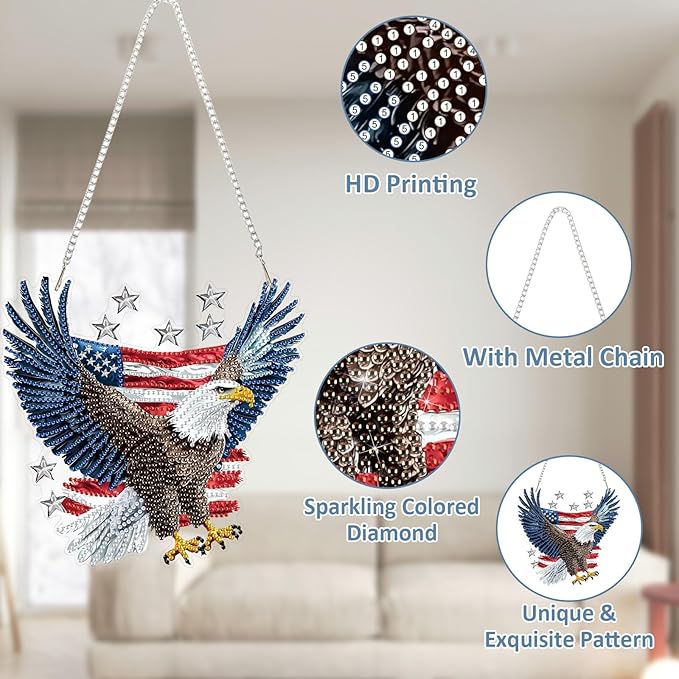 SENQAO Eagle Diamond Art Hanging Kit for Adult, Special Shaped Rhinestone, DIY Acrylic 5D Diamond Art Painting Window Pendants Home Garden Wall Hanging Kits Hanging Ornament