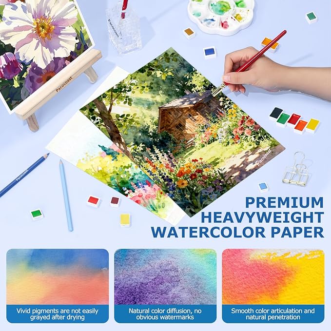 Pacocoast Watercolor Paper Pads, 9"X12" (300gsm/140lb) Cold Press Water Color Sketchbook, 20 Sheets. Perfect for Wet & Dry Media, Painting, Drawing. Ideal Art Supplies for Adults, Blue