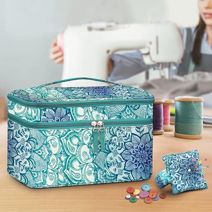 FINPAC Sewing Accessories Storage and Organizer Case, Double-Layer Sewing Kits Carrying Bag with Wrist Pin Cushion for Threads, Needles, Embroidery Floss Supplies, Felting Kits (Emerald Illusions)