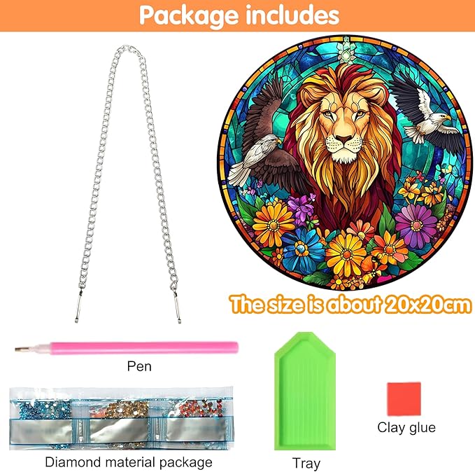 Zariocy Hanging Diamond Art Ornament Lion Kits for Adults – Special Crystal Double Sided Pendant, DIY Animal Diamond Painting Acrylic Board Window Pendants Home Garden Wall Hanging Decor 8x8 inch