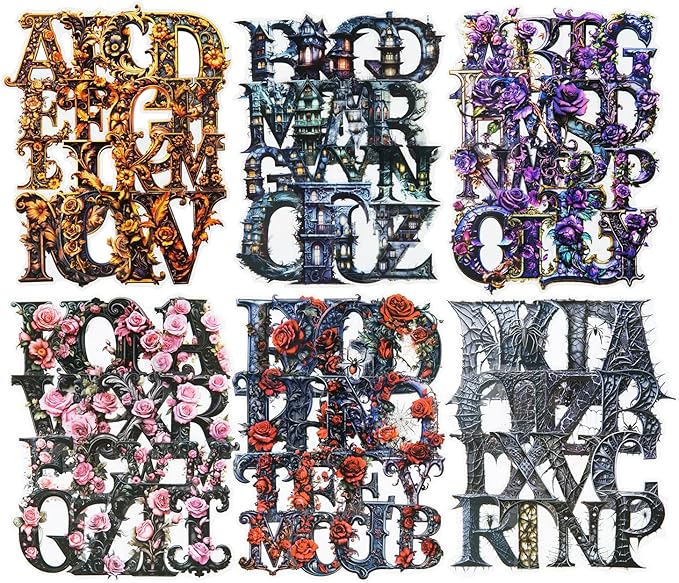 156Pcs Gothic Themed Alphabet PET Stickers, Vintage Floral and Castle Letter Stickers for Scrapbooking, DIY Crafts, and Artistic Journaling, with Organizer