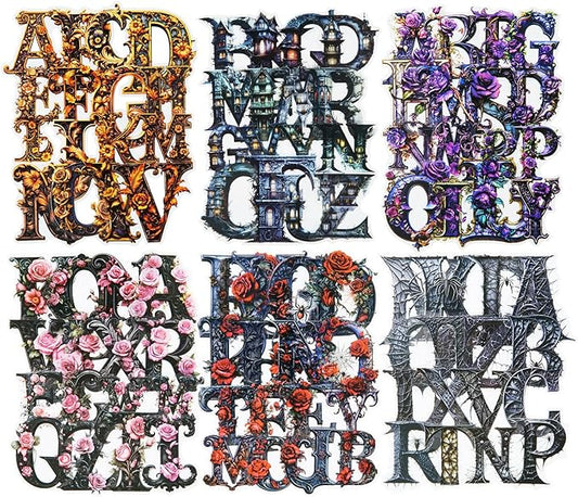 156Pcs Gothic Themed Alphabet PET Stickers, Vintage Floral and Castle Letter Stickers for Scrapbooking, DIY Crafts, and Artistic Journaling, with Organizer