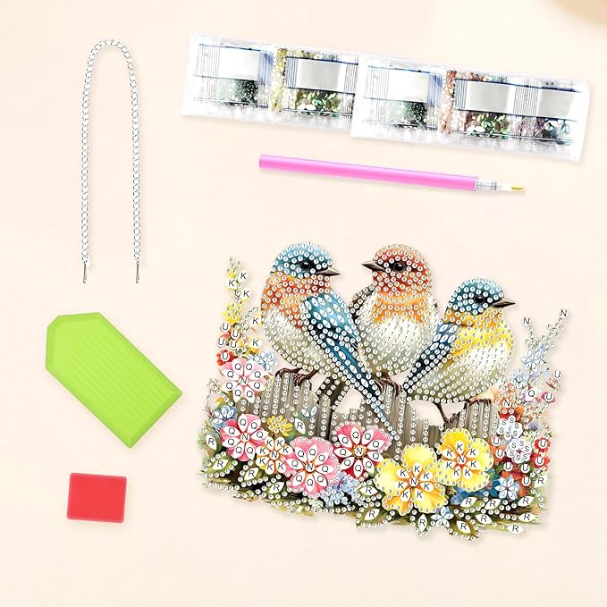Lxmsja DIY Three Cute Birds Diamond Painting Hanging Ornament, Double-Sided Acrylic Colorful Flowers Diamond Art Kit, Special Shaped Suncatcher Hanging Pendant Window Art Kit 6x8 inch