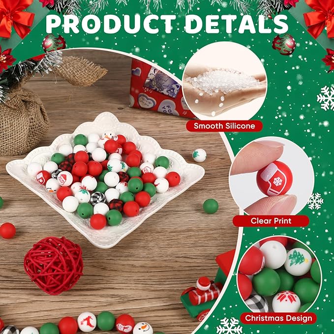 136pcs Christmas Silicone Beads Set,15mm Rubber Focal Beads for Keychain Bracelet Beadable Pen Lanyard Making Kit