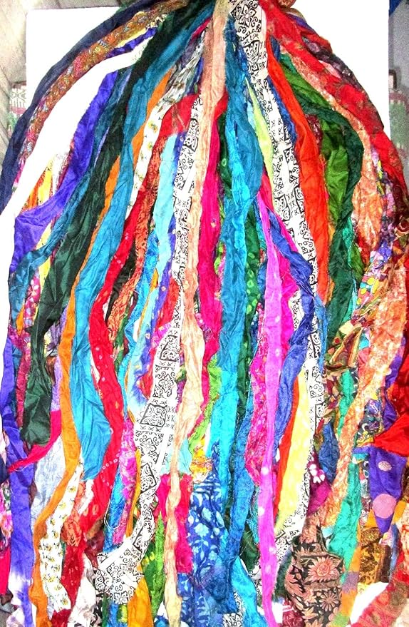Vintage Fabrics Crafts 42 Yards Unstitched Sari Silk Yarn Ribbon Tassels 42 Strips SKEINS Mixed Shades Journal Scrapbook Craft Project Decor