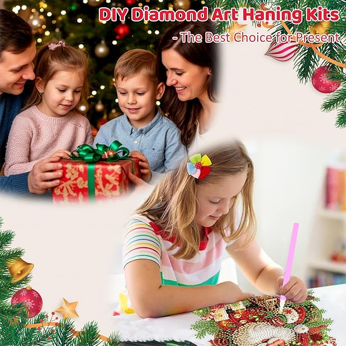 MEIYUDA Christmas Diamond Painting Hanging Kits, DIY Santa Claus Diamond Art Window Hanging Ornament for Adults, 5D Special Shape Rhinestone Pendant for Home Garden Wall Decor Gift