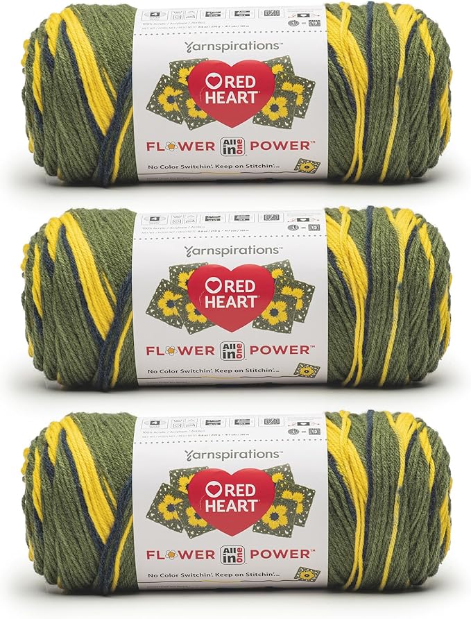 Red Heart All in ONE Flower Power Goldenrod Yarn - 3 Pack of 8.8oz/250g - 100% Acrylic - #4 Worsted (Medium) - 440 Yards - Knitting/Crochet