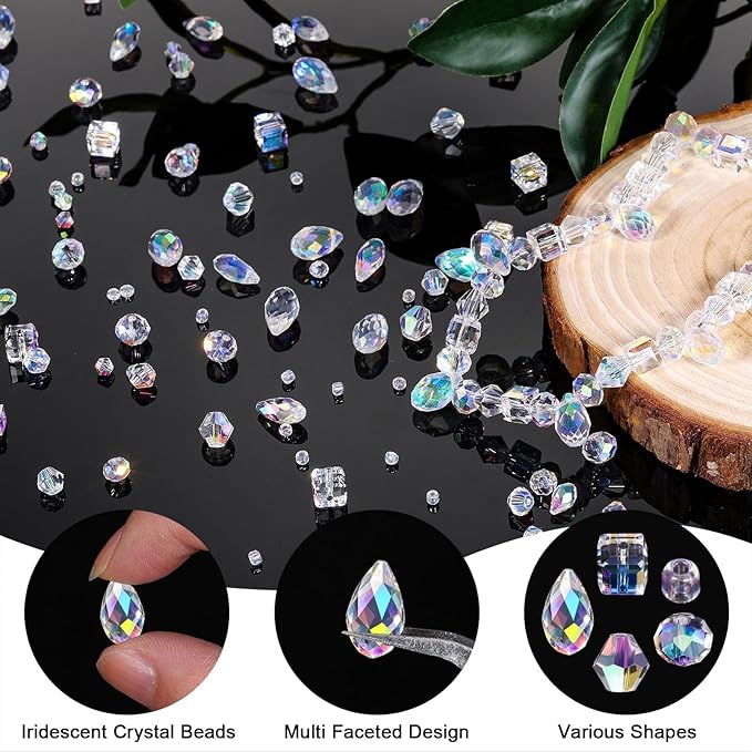Song Xi 1500PCS Glass Beads for Jewelry Making, Assorted Faceted Crystal Beads Kit for Bracelet Earring Necklace, Horizontal Hole Crystal Teardrop for DIY Clear St. Patrick's Day Gift (AB White)