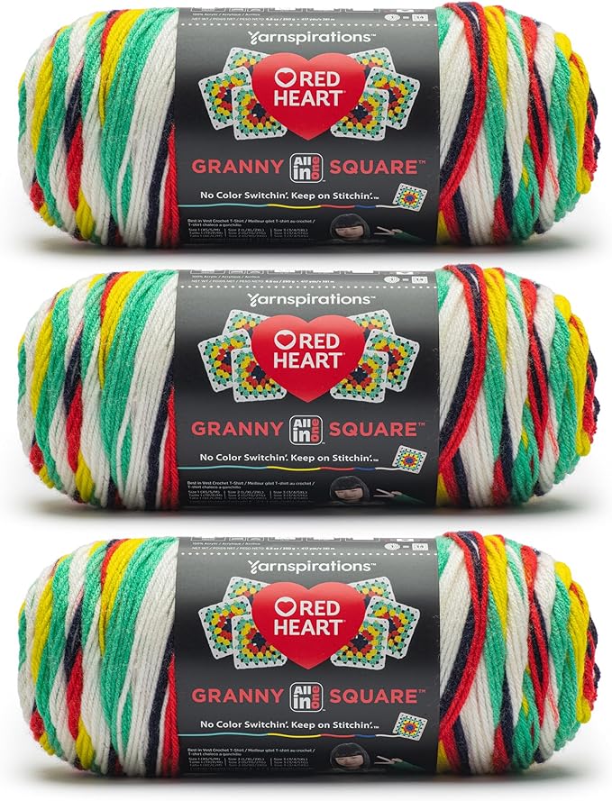 Red Heart All in One Granny Square Soft White - Green Scream Yarn - 3 Pack of 250g/8.8oz - 100% Acrylic - #4 Worsted (Medium) - 381m/417Yards - for Knitting, Crochet and Amigurumi
