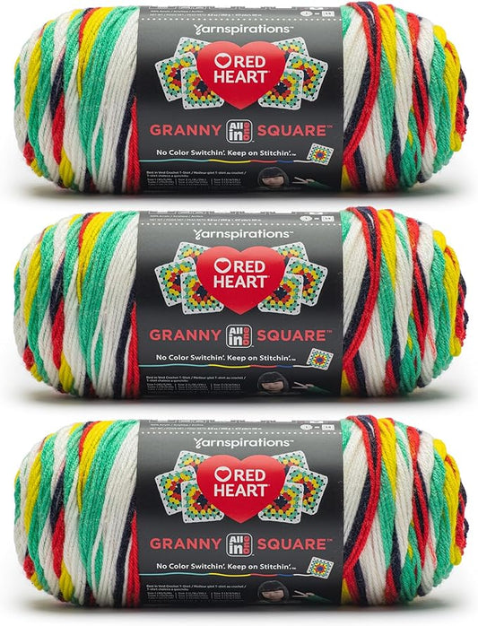 Red Heart All in One Granny Square Soft White - Green Scream Yarn - 3 Pack of 250g/8.8oz - 100% Acrylic - #4 Worsted (Medium) - 381m/417Yards - for Knitting, Crochet and Amigurumi