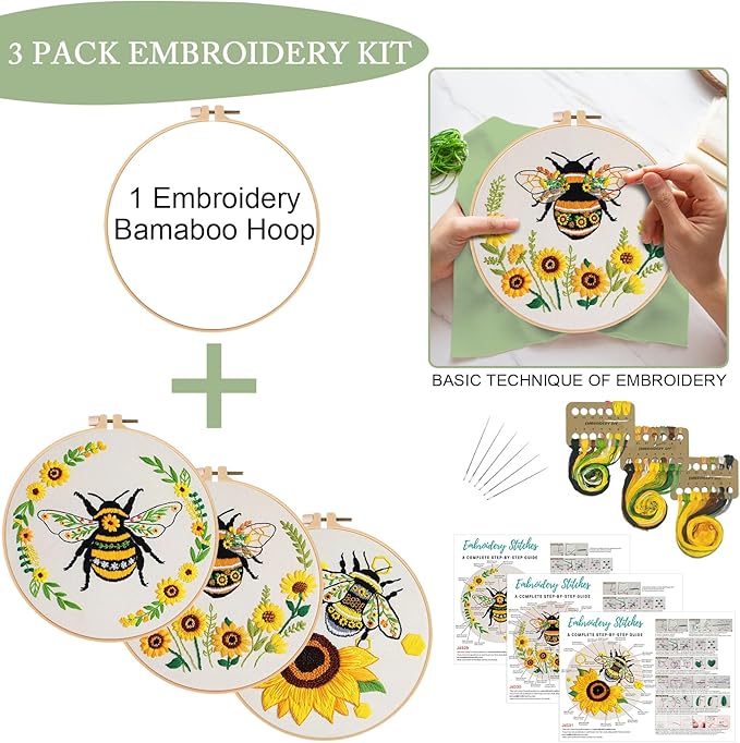 Nuberlic 3 Pack Embroidery Kit for Beginner Adults, Cross Stitch Set with Cute Bee Patterns, Includes Cloth, Hoops, Threads, Needles, Instructions