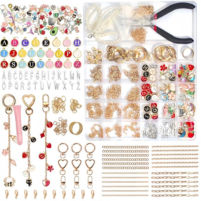 JCWPVA 314Pcs Lip Gloss Charms Keychain Kit, Including 19 Keychain Clips, 24 Extender Chains, 118 Charms & Jewelry Pliers, DIY Keychains Kit, Complete DIY Craft Supplies for Teens and Adults Gifts
