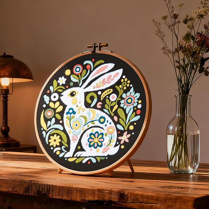 Crafmanoe Embroidery Kits for Beginners Adults, Flowers Rabbit Embroidery Starter Kits, Counted Cross Stitch Kits for Beginners Adults Hobbies Set for Women, Embroidery Hoops, Thread & Video Tutorial