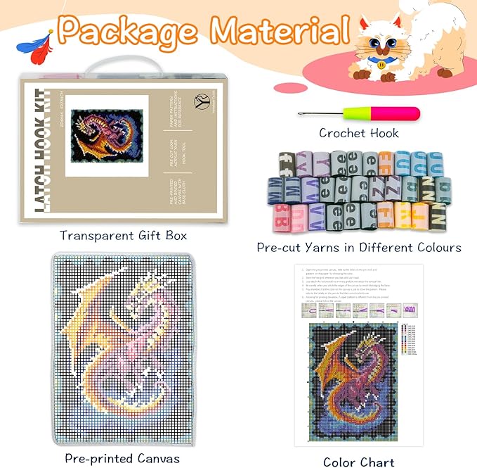 YP Latch Hook Rug Kits for Adults Latch Hook Kit Dragon Pattern Printed Canvas DIY Rug Crochet Yarn Tapestry Kits Home Decor 20.5"X15"