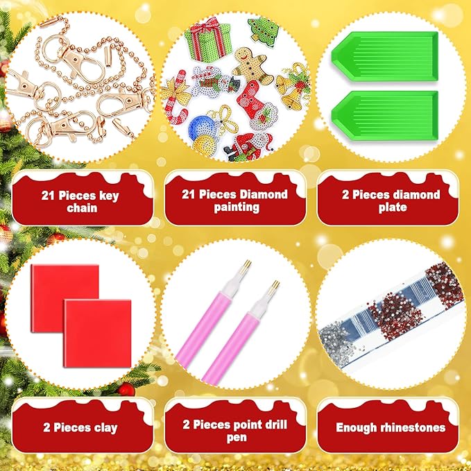 Junkin 26 Pcs Diamond Art Christmas Ornaments 5D DIY Christmas Diamond Painting Keychains Kits Xmas Hanging Painting Kit Snowman Santa Art Pendant Key Chains for Adult Craft Gift Family Decor(Cute)
