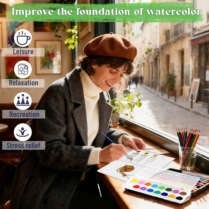 Beginners Watercolor Workbook for Adults -Step-by-Step Coloring Book Set-12 coloring book pages - Includes 16 color blocks and a brush - Professional Watercolor Paper: 300gsm/140lb (Animals)